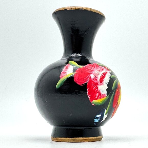 Ceramic Vase With Red & Yellow Floral Design Vintage Hand-Painted Black - Picture 9 of 12